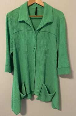 IC By Connie K Tunic Women XL Green Textured Button Up Stretch Asymmetrical Boho